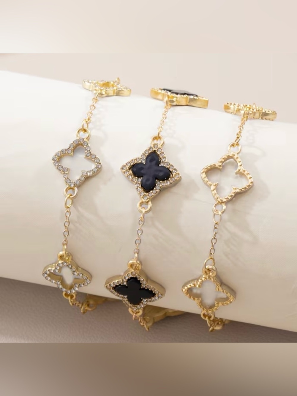 Van Cleef Gold Clover Link Bracelet with Black and White Accents